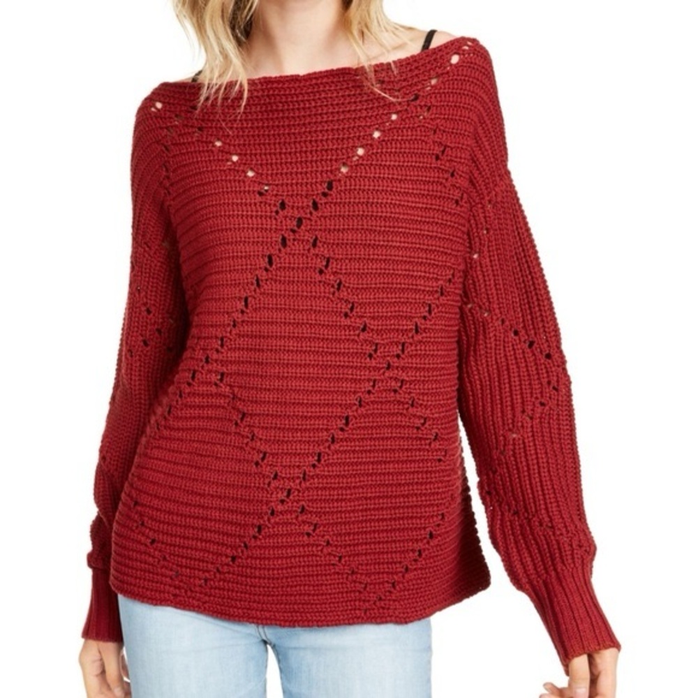 Rachel Rachel Roy Burgundy Boatneck Diamond Pointelle Crochet Knit Sweater S